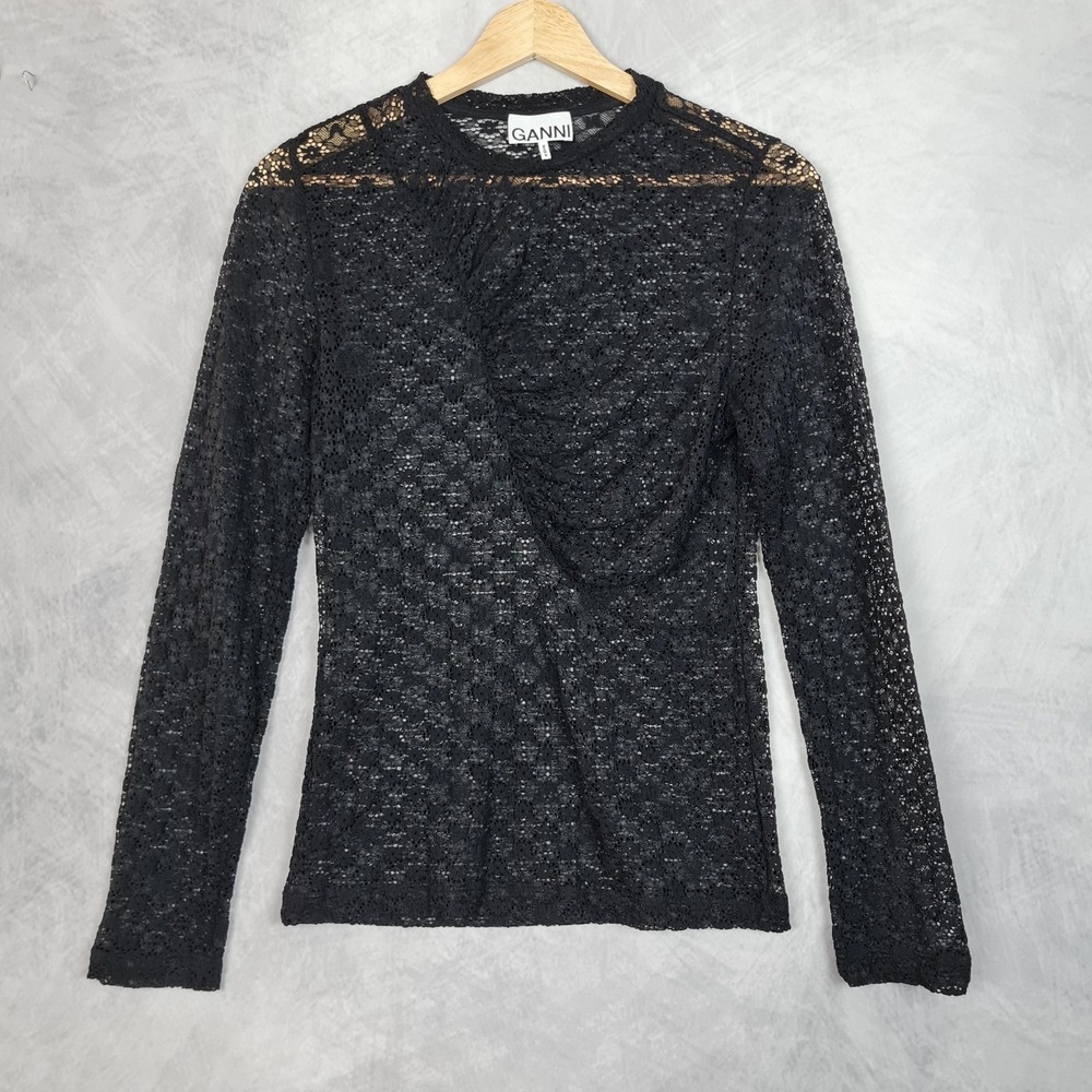 Ganni Lace Top Womens Medium Black Floral Sheer Long Sleeve Ruched - Picture 5 of 16